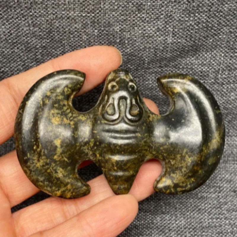 Antique Hongshan Culture Meteorite Carved Bat Hanging Ornament Accessories - Folk Art Craft, Exquisite Feng Shui Collectible
