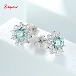 Smyoue 0.5CT 5MM Blue-green Moissanite Sunflower Stud Earrings Colorful Wedding Bride Brilliant Halo 925 Silver Luxury Ear Studs