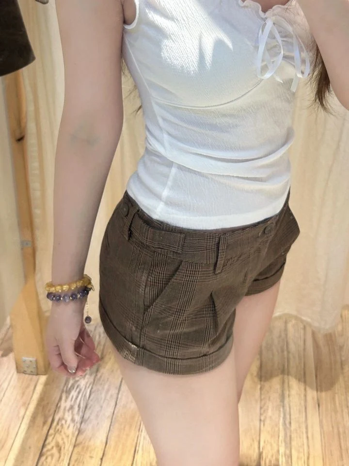 Brązowe Szorty w Kratę Damskie Jesienne Niskie w Pasie Bawełniane Proste Krótkie Spodnie Damskie Vintage Streetwear Uniwersalne Preppy Style Pant Y2k