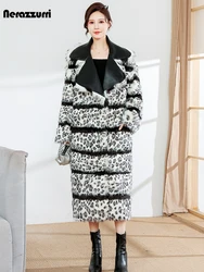 Nerazzurri Winter Long Striped Black Pu Leather Patchwork Faux Fur Cocoon Coat Women Loose Stylish Warm Fluffy Furry Overcoat