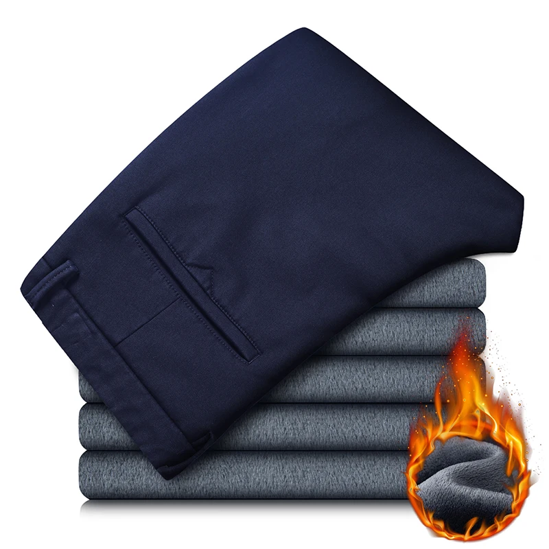 

New Winter Mens Clothing Warm Casual Pants 98% Cotton Fleece Straight Business Thicken Men Pants Stretch Classic Velvet Trousers