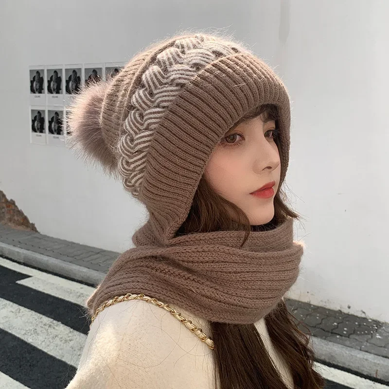 Autumn Winter Thickened Korean Style Versatile Knitted Hat Woolen Scarf Integrated Warm Ear And Neck Protection for Women