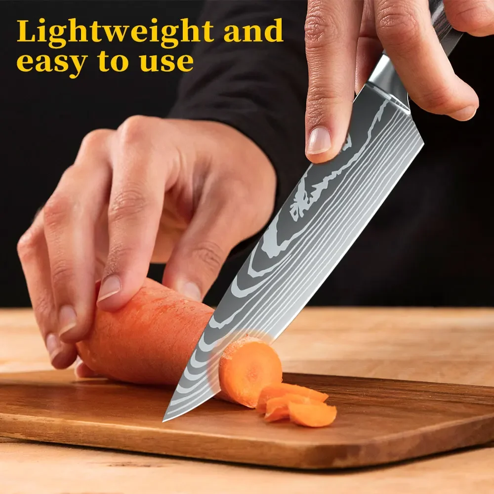 

8" Kitchen Utility Knife Damascus Pattern Japanese Chef Knife Vegetable Cleaver Meat Fruit Peeling Cooking tools Wooden Handle