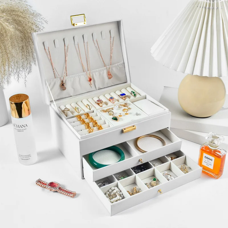 High-Quality PU Leather Three-layer  Drawer Type Dustproof Anti-oxidation Multi-functional Ring Earrings Necklace Storage Box