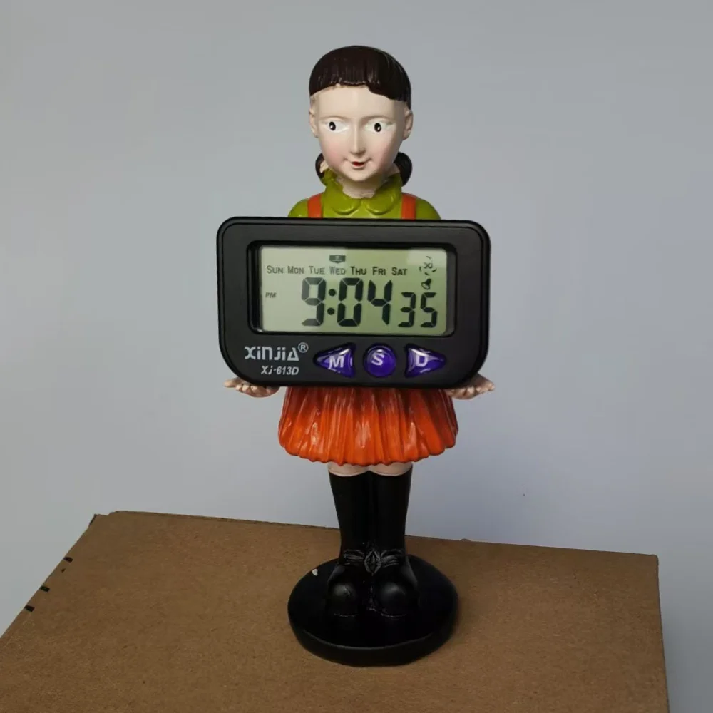 Mini Movie Korean Game Alarm Clock Bedroom Bedside Electronic Date Alarm Clock Wooden Man Resin Timer Desktop Ornament