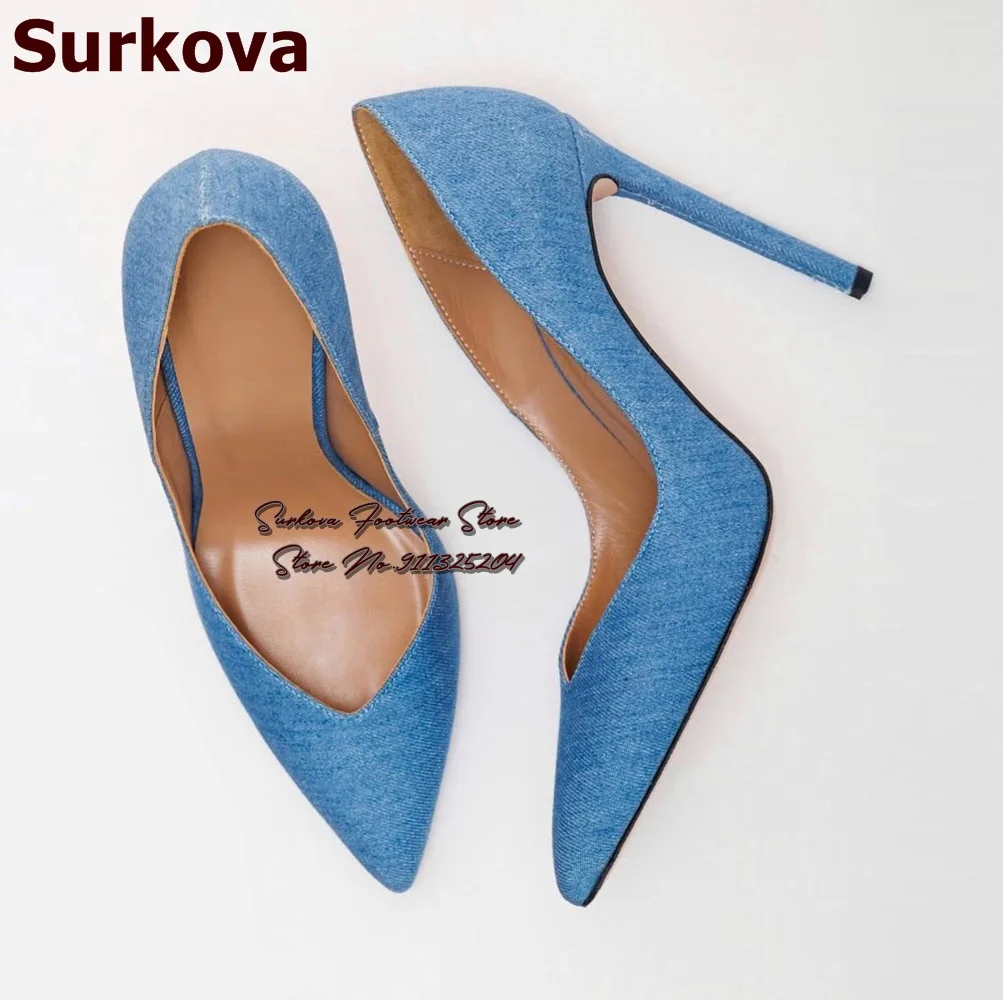 

Surkova Blue Denim V-Shaped Shallow Cut High Heel Shoes 12Cm 10Cm 8Cm Jeans Stilettos Pointed Toe Pumps Slip On Elegant Heels