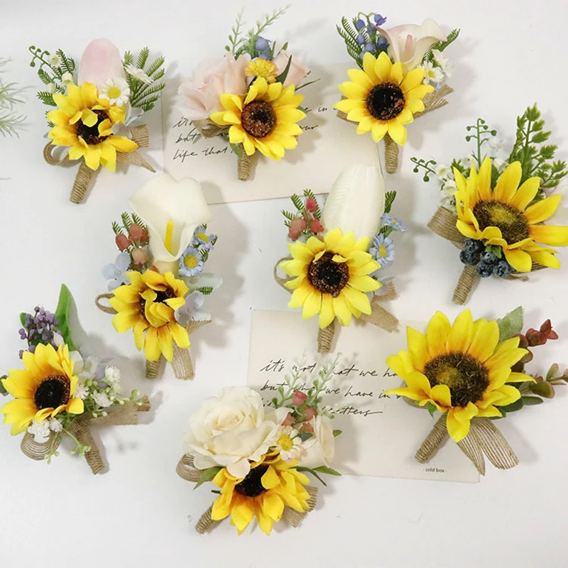 ดอกทานตะวันประดิษฐ์ Boutonniere Corsage ดอกไม้ Handmade แต่งงาน Pins อุปกรณ์เสริมเจ้าบ่าว Wintness แต่งงาน