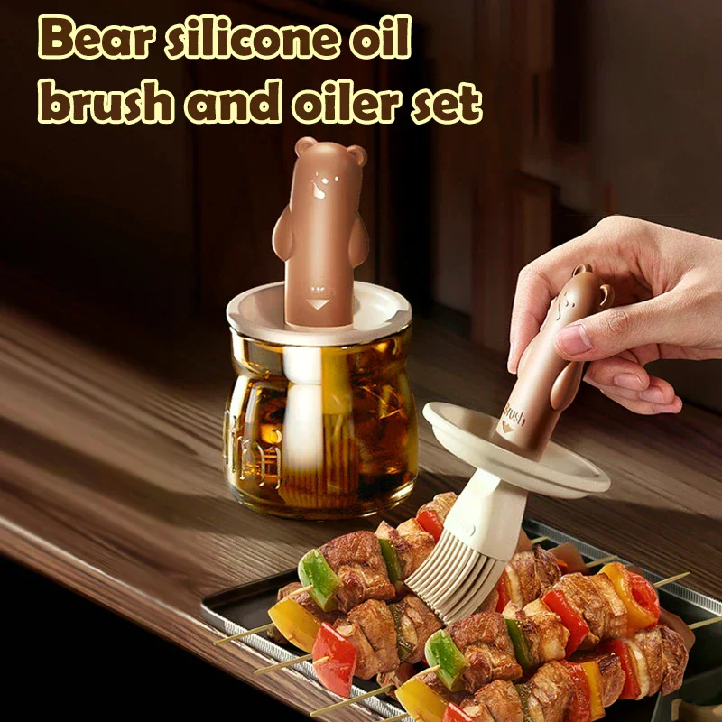 Cepillo de aceite Little Bear, vidrio resistente a altas temperaturas, cocina, tortitas, silicona de grado alimenticio, barbacoa, hornear, botella de aceite integrada