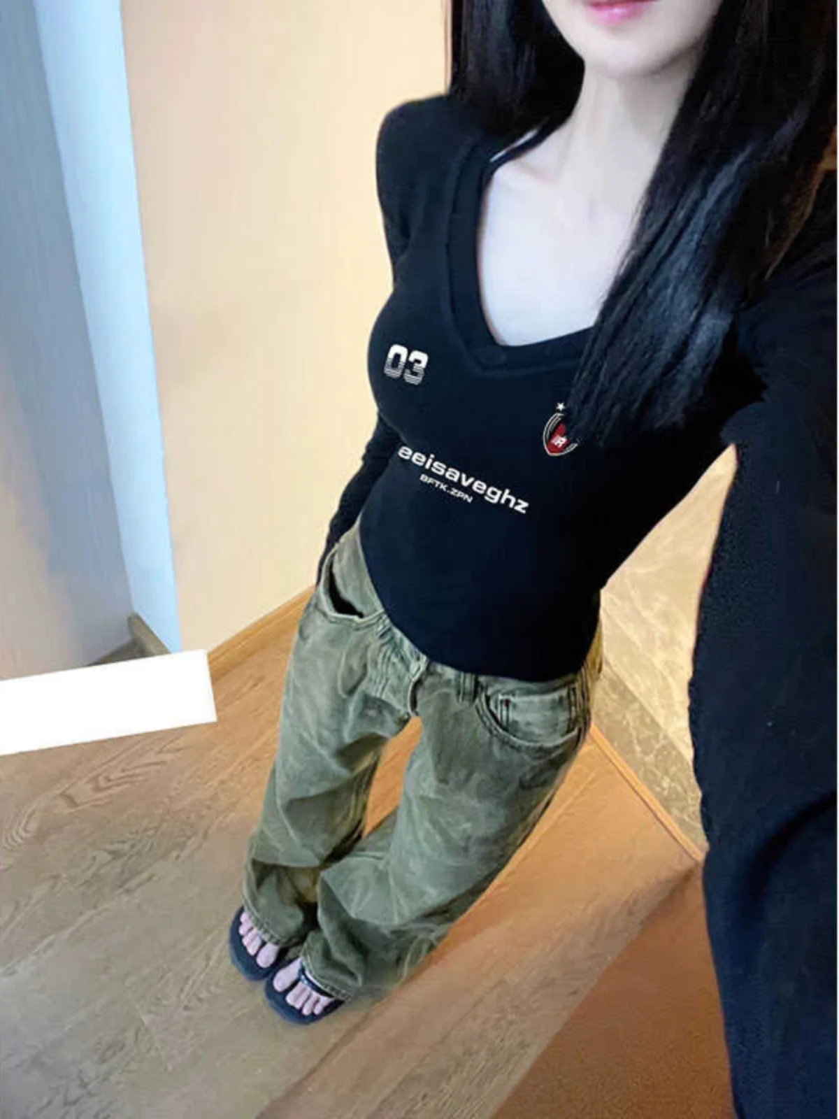 

American Sle Hip Hop Bla oulder V Ne Long Sve T irt Женский новый осенний топ Pure Desire Hot Girl из хлопка и полиэстера...