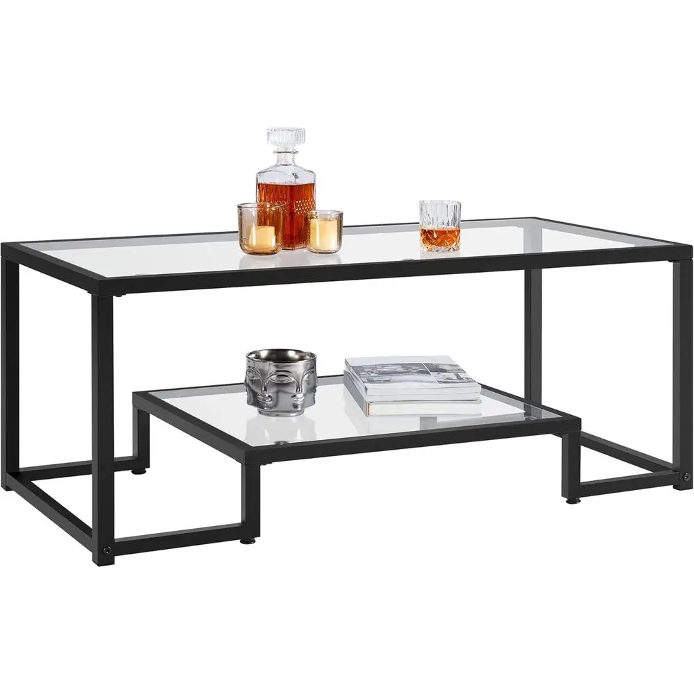 Glass Coffee Table for Living Room, 42 with Storage Shelf, Black | Clear Tempered Glass Top, Modern Rectangular Design, Sturdy I
