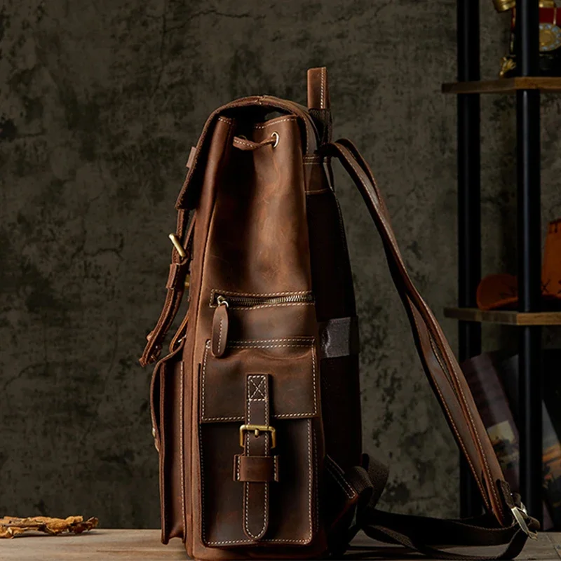 Мужской кожаный винтажный рюкзак, дорожная школьная сумка, 17-дюймовый ноутбук для хранения, кожаные мужские сумки Crazy Horse, роскошный дизайн, деловые сумки