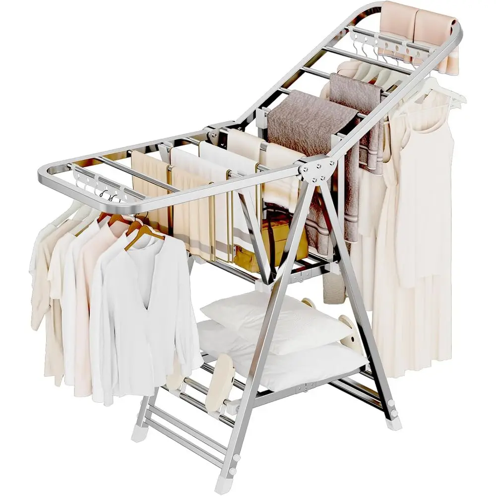 

Сушилка для белья, складная сушилка для одежды из нержавеющей стали с регулируемыми по высоте крыльями, вешалка для одежды с полкой для обуви, Win