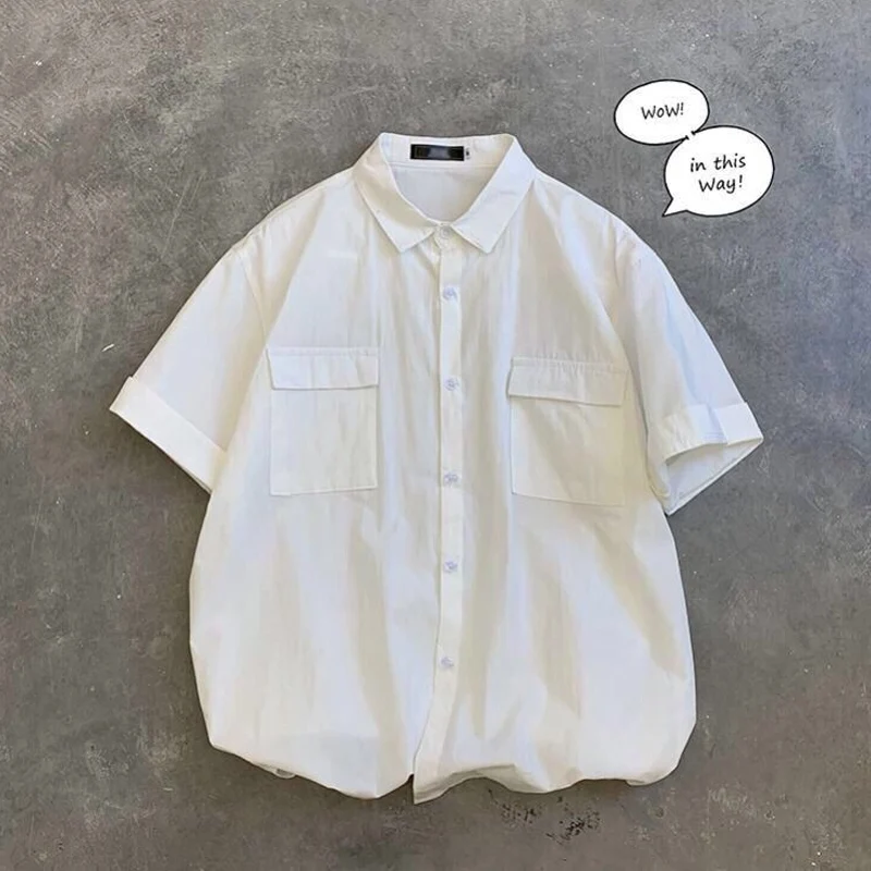 2023 Summer New Solid Color Turn-down Collar Short Sleeve Pockets Shirt Man Korean Style Fashion Single Breasted Thin Style Tops