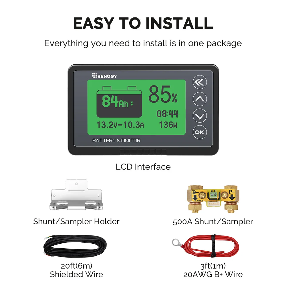 Renogy 500A Battery Tester  Battery Monitor with Shunt, High and Low Voltage Programmable Alarm, Voltage Range 10V-120V