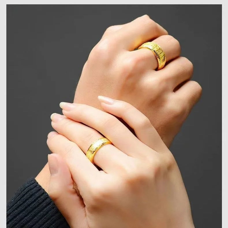 Genuine Pure Plated Real 18k Yellow Gold 999 24k for Men and Women Baifu Atmosphere Ancient Method Inheritance Ring with Blessin