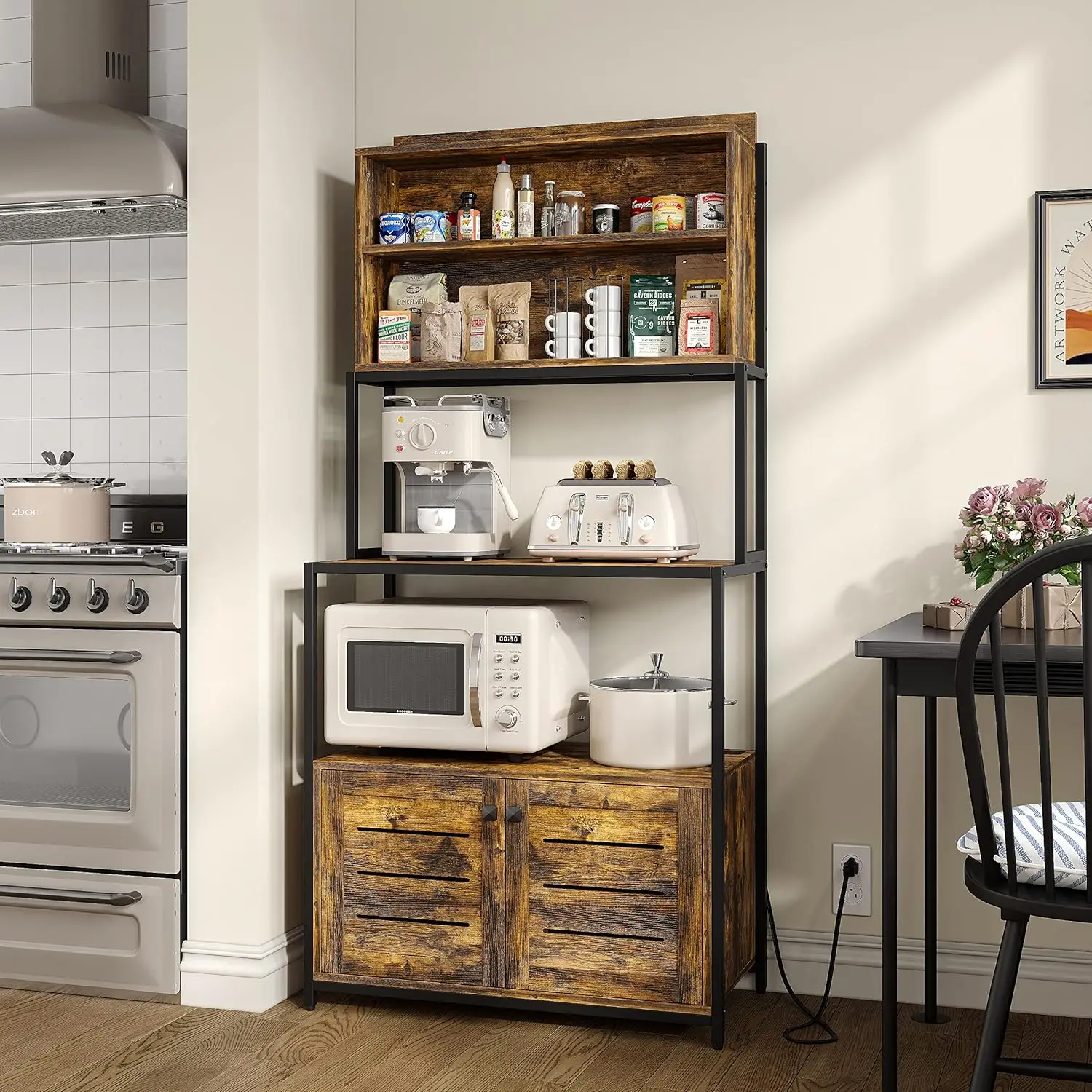 Kitchen Bakers Rack with Power Outlet, Industrial Microwave Oven Stand with Shelves, Kitchen Utility Storage