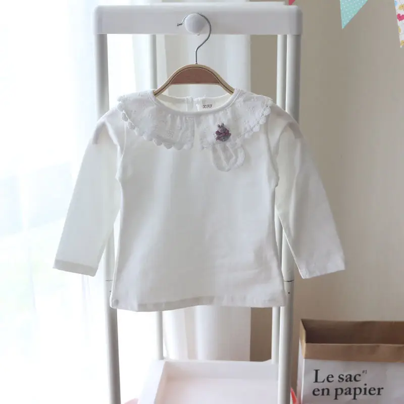 تي شيرت Peter Pan Neckline للفتيات الصغيرات - بدلة كلاسيكية بيضاء بأكمام طويلة، طبقات أساسية للرضع والأطفال الصغار