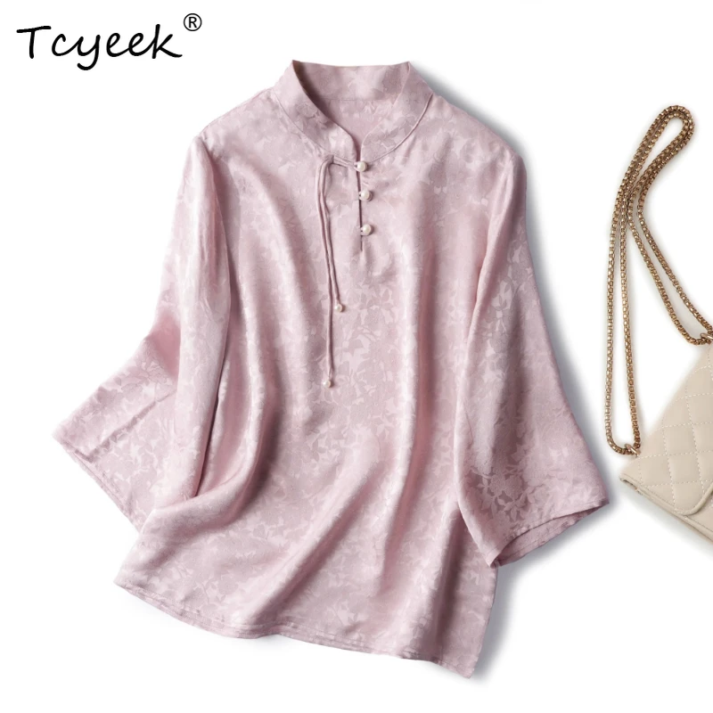 

Tcyeek 100% Mulberry Silk Summer Thin National Style Stand Up Collar Tassel Three Quarter Sleeve Solid Color Women Shirts 여름옷
