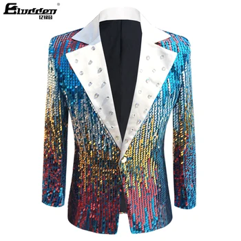 Terno colorido de lantejoulas gradiente para homens, blazers brilhantes, ouropel a laser, traje de cantora de palco, moda