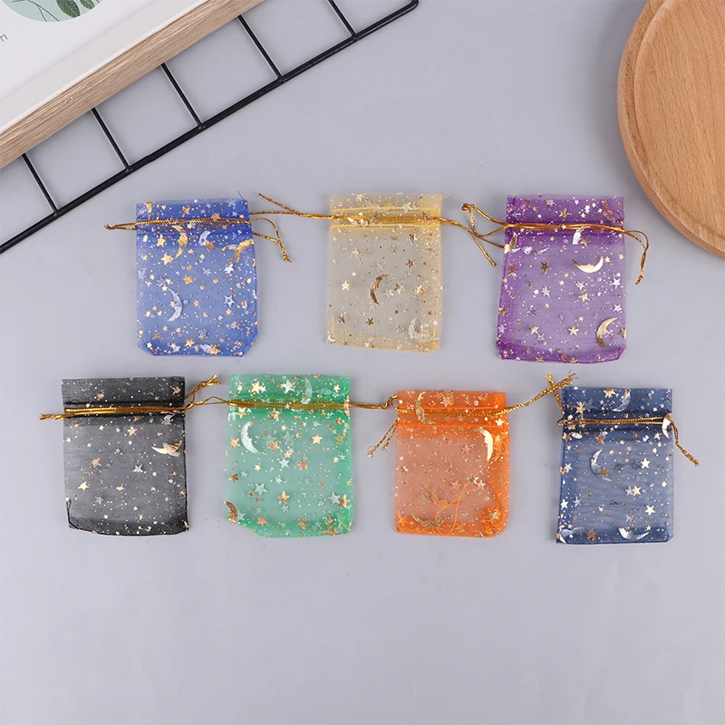 100pcs/lot Star Moon Organza Jewelry Bags Tulle Sheer Sachets Drawstring Gift Bag Wedding Party Favor Pouches Jewelry Organizer