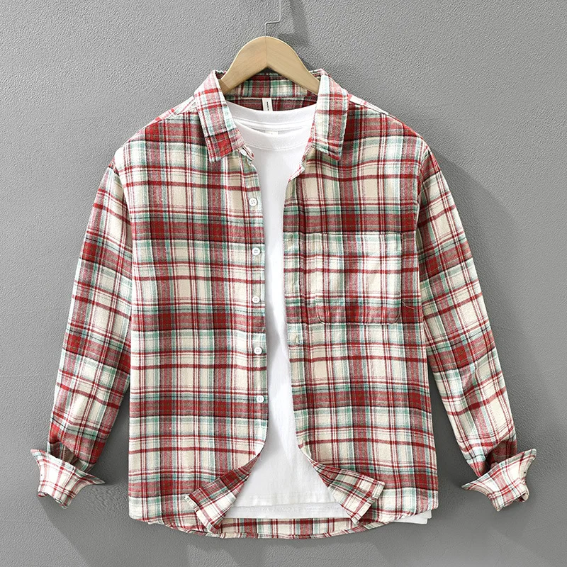 

Японская красная клетчатая рубашка с длинным рукавом, мужские весенне-осенние новые рубашки, мужские квадратные повседневные рубашки из чистого хлопка, молодежная повседневная одежда