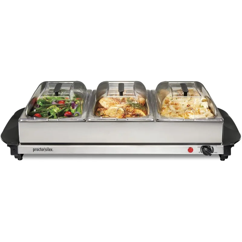 Proctor Silex Buffet Server & Food Warmer, Adjustable Heat, for Parties, Holidays and Entertaining, Three 2.5 Quart Oven-Safe Ch