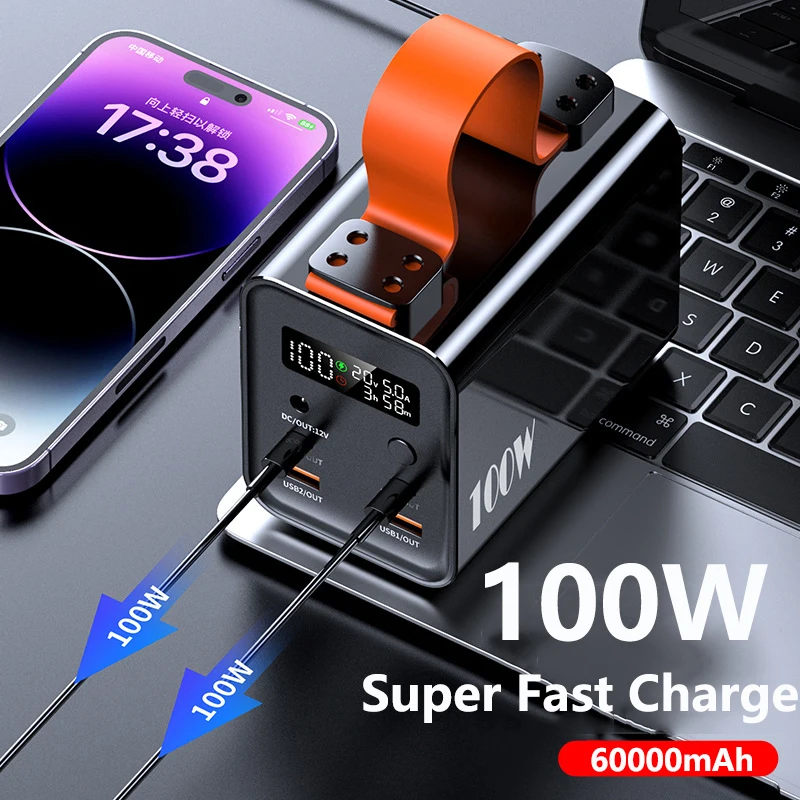 Power Bank 60000mAh PD 100W Fast Charging for iPhone Samsung Huawei Xiaomi Laptop Powerbank 12V DC Output for Heated Vest Jacket