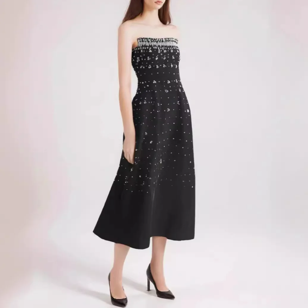 

Luxury Beaded Strapless Midi Dress Women Elegant A-Line Formal Evening Gown Wedding Guest Party Dress