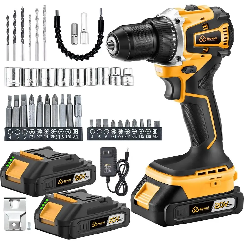 

20V Cordless Drill Set with 2 Batteries, 40Nm Torque, 20+1 Speeds, 3/8-Inch Chuck, LED Light, and Bit Kit