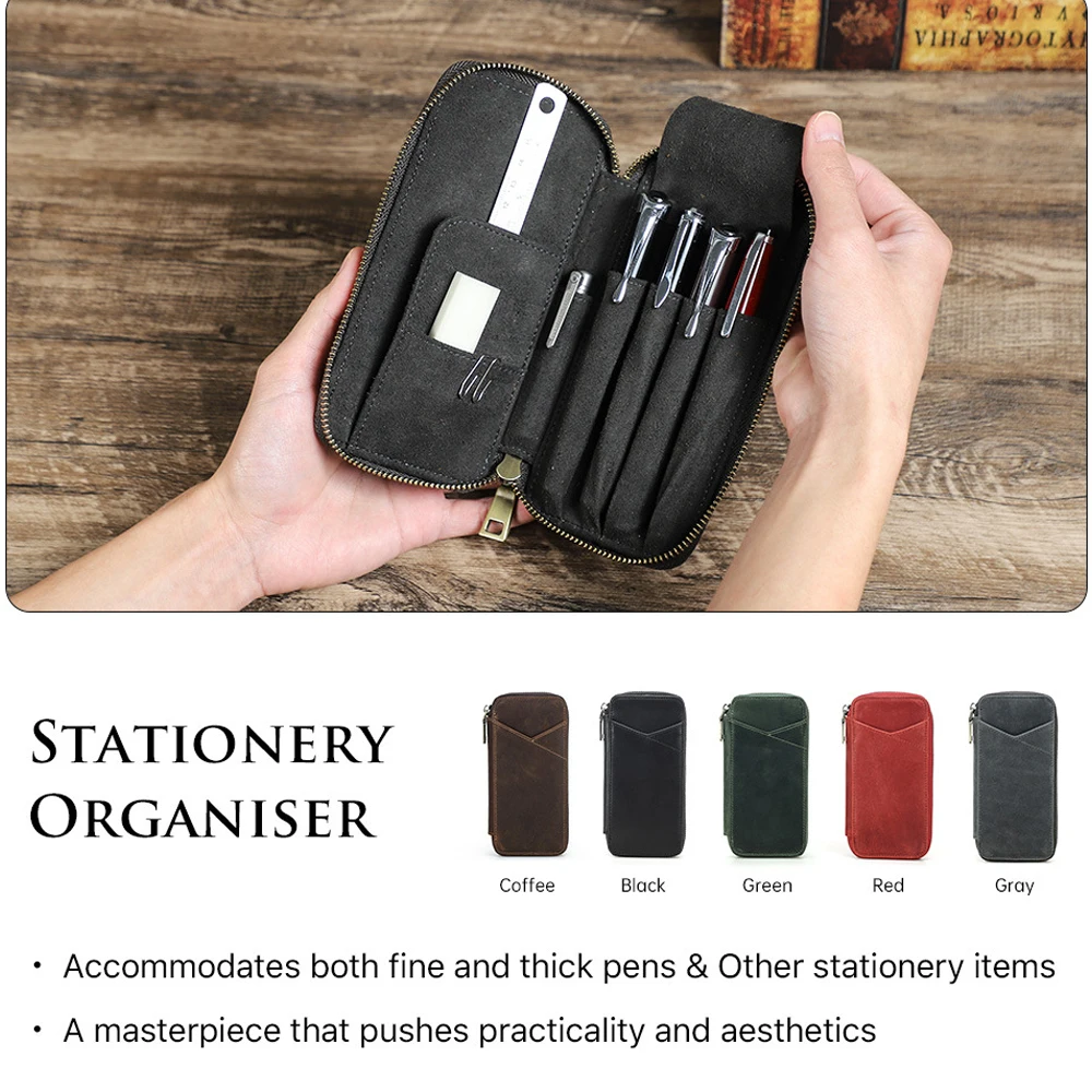 Premium Crazy Horse Leather Pencil Case 4 Pack Retro Handmade Multi-Functional Zipper Student School Stationery Box