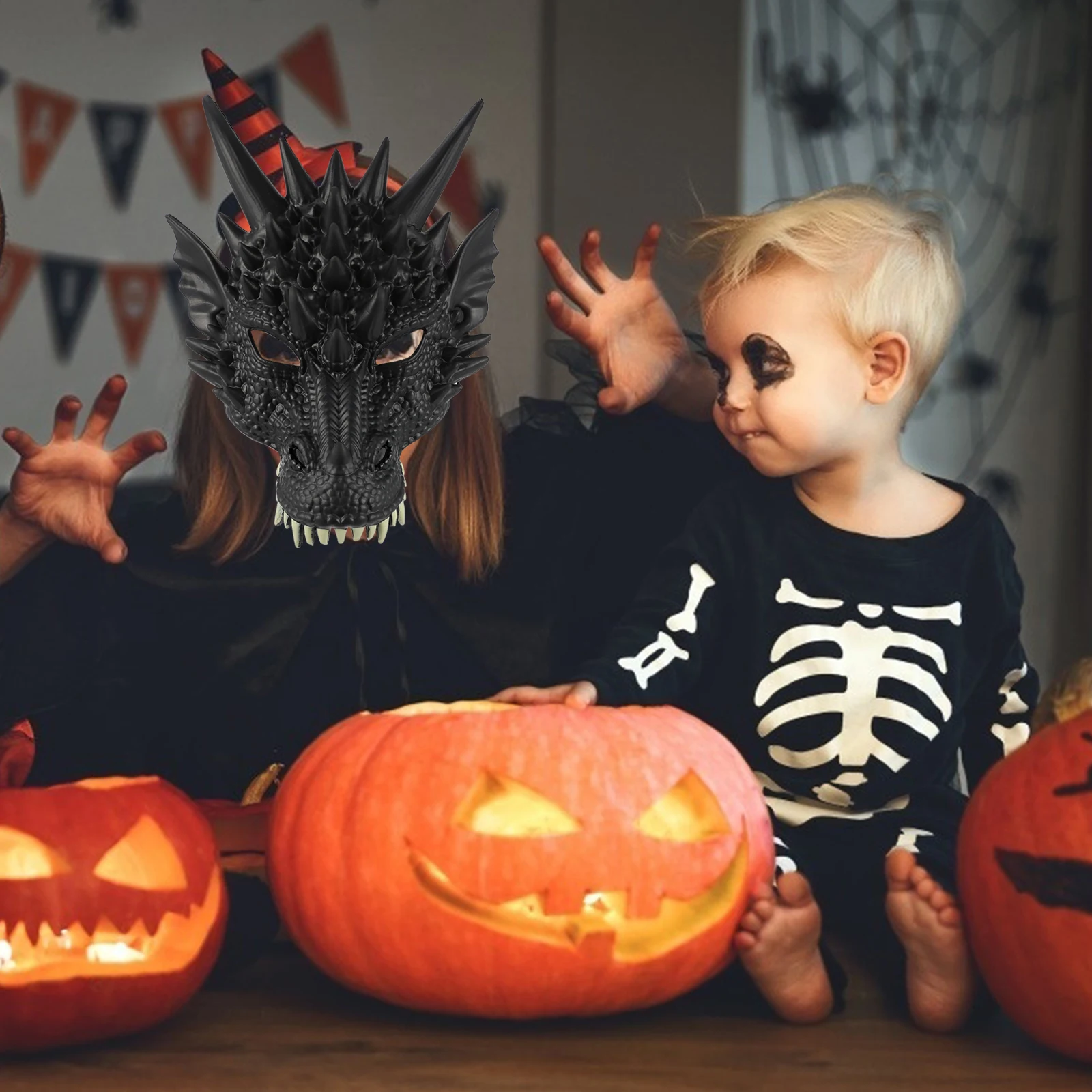

2 Pcs Halloween Costumes for Adults Dragon Head Mask Cosplay Black Headgear Creepy Masks Child