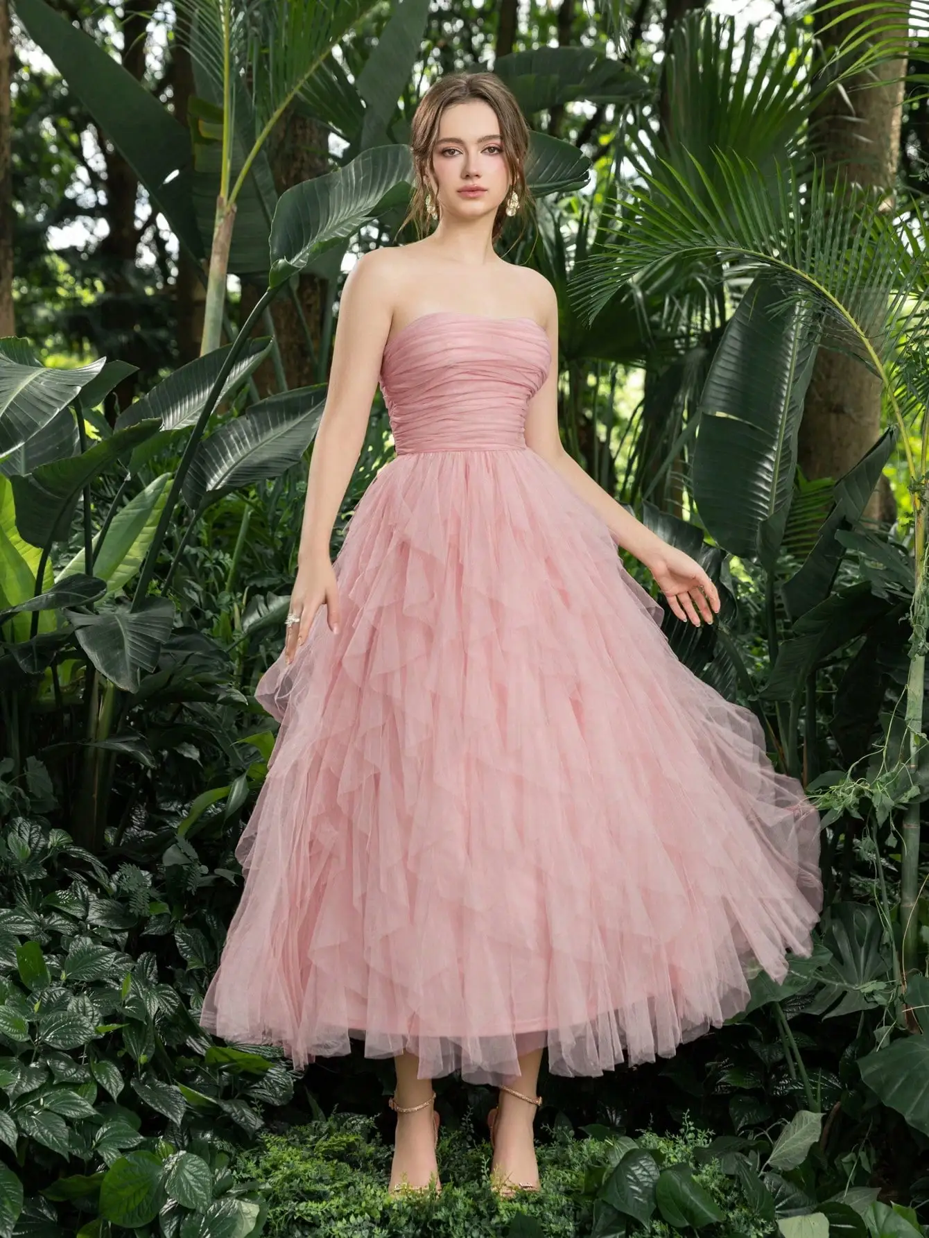 Elegant Strapless Tulle Dress with Ruched Bodice and Cascading Ruffles for Prom, Homecoming, or Formal Events