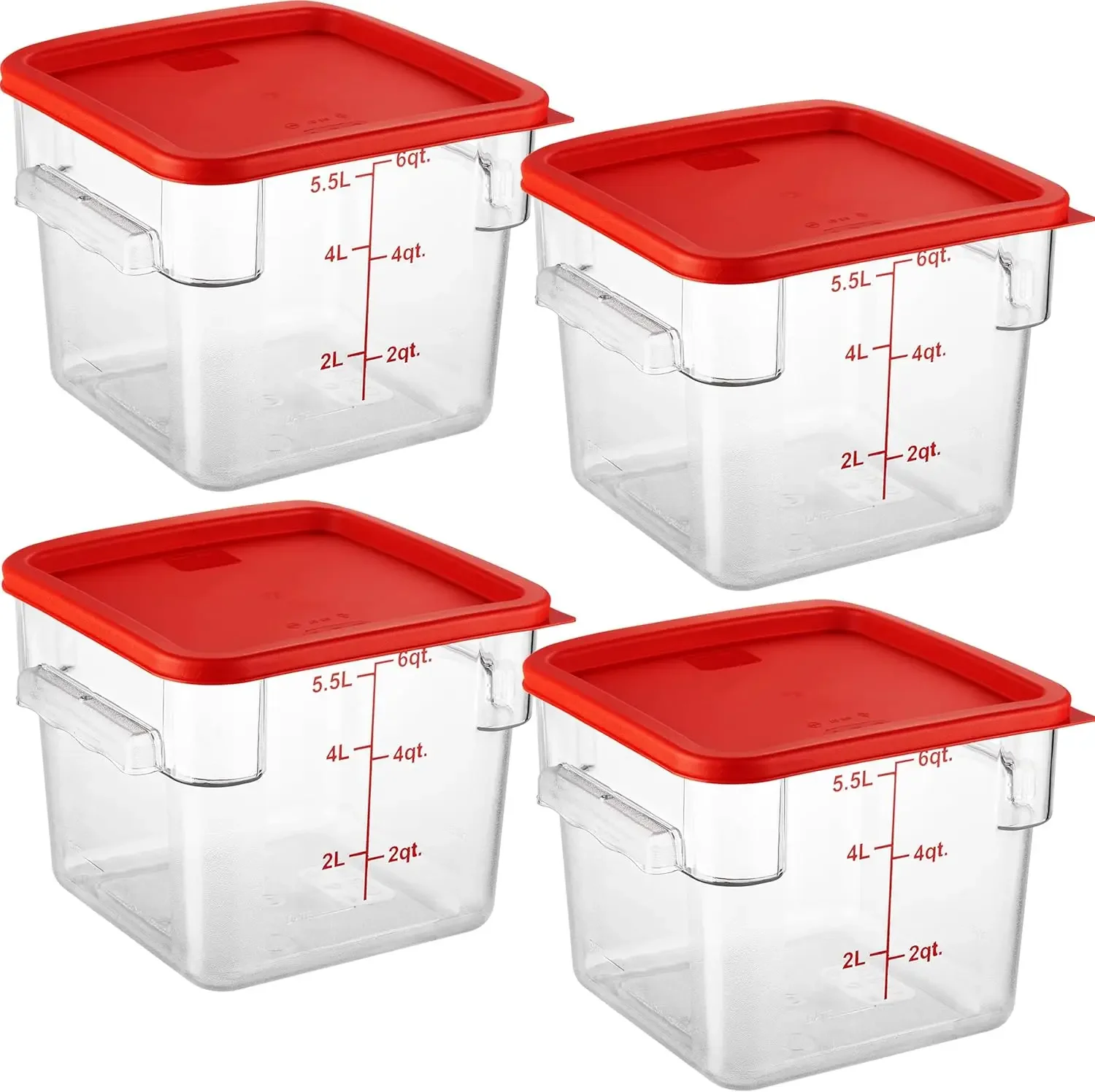 4 Pack Food Storage Container with Red Lid - NSF Commercial Grade in 6.0 Qt - Square, Clear, Polycarbonate