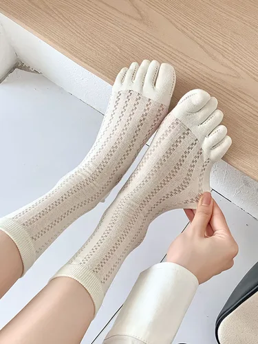 INS calcetines de malla ultrafina hueca para mujer, calcetines de tubo medio transpirables absorbentes de sudor, calcetines sólidos con punta dividida, 5 dedos, Verano