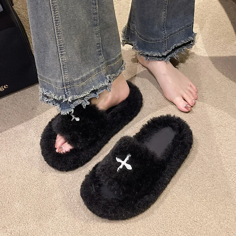 

2025 Hot Sale Spring New Korean Version Candy Color Fluffy Slippers Fashion Simple Casual Home Daily Thick Soled Plush Shoes