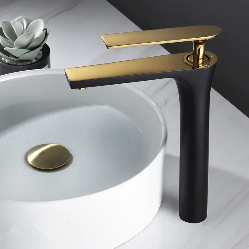 

Bathroom Basin Faucet Black Gold Tall Brass Brushed Gold Bathroom Cold And Hot Water Mixer Sink Tap Deck MountedTap