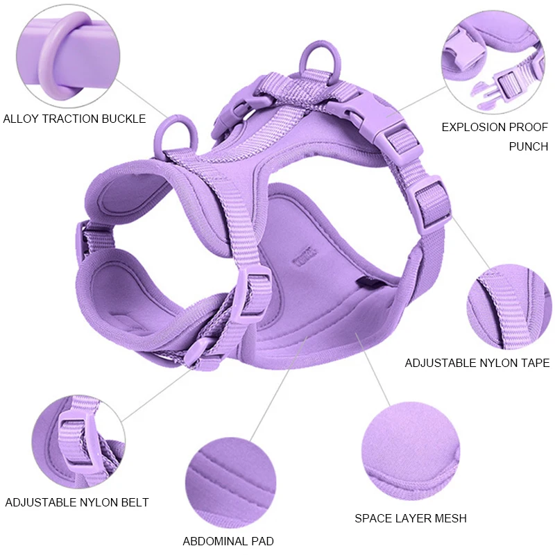 Purple Dog Collars and Leashes PVC Comfortable Dog Harness Adjustable Chest Strap for Medium and Large Dogs Walking Training