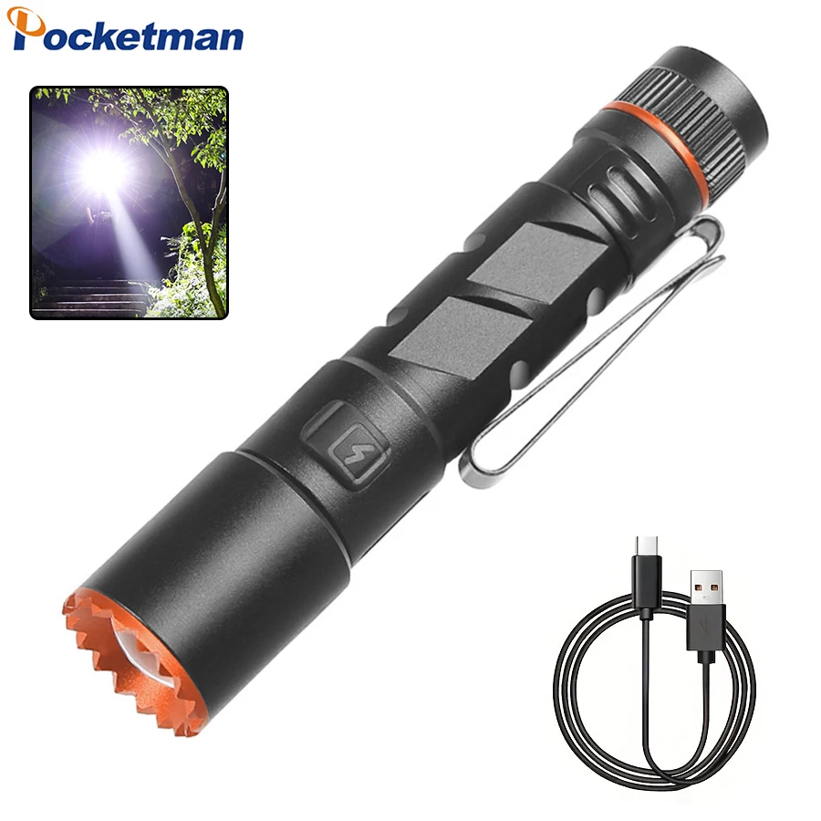 High Power LED Flashlight USB Rechargeable Flashlights Mini Torch Emergency Light Zoom Flashlight Aluminium Alloy Material