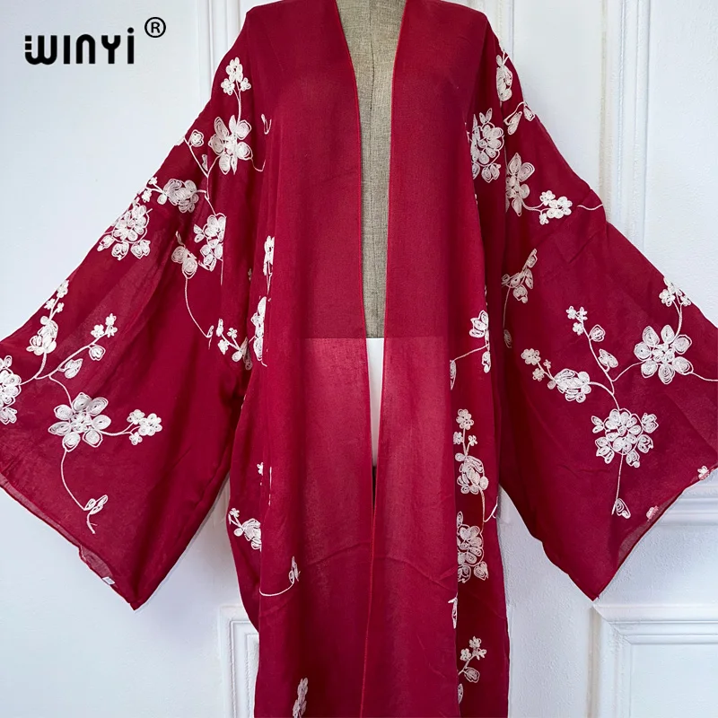 Sukienka WINYI kwiat śliwy haftowany kardigan plaży narzuta na strój kąpielowy moda Boho elegancka seksowna wakacyjna Kimono z długim rękawem