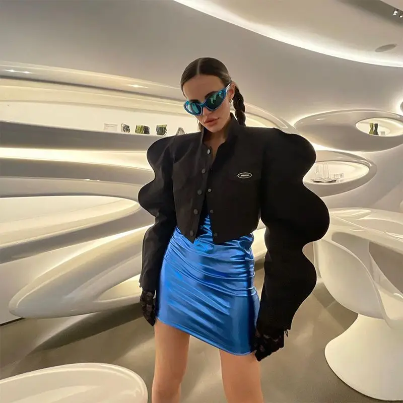 

American Fashion Bubble Sleeves Show Small and Thin Suit Women's Versatile Umbilical Short Coat Female Clothing