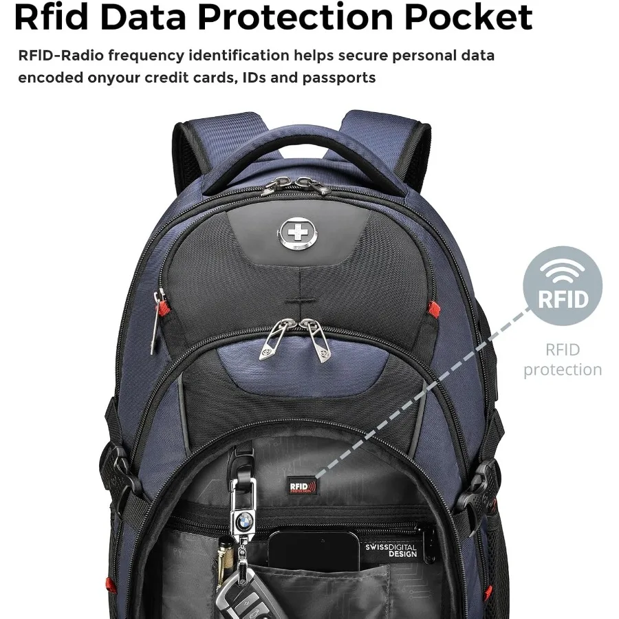 حقيبة ظهر للكمبيوتر المحمول بتصميم Swissdigital مع منفذ شحن USB حقيبة ظهر للسفر تناسب حقيبة ظهر مدرسية جامعية مقاس 15.6 بوصة للكمبيوتر 31 لتر