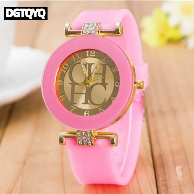 DGTQYQ Jam Tangan Wanita Bermerek Mewah Jam Tangan Kuarsa Kasual Tali Gel Silika Casing Baja Tahan Karat Desain Berlian Minimalis untuk Wanita