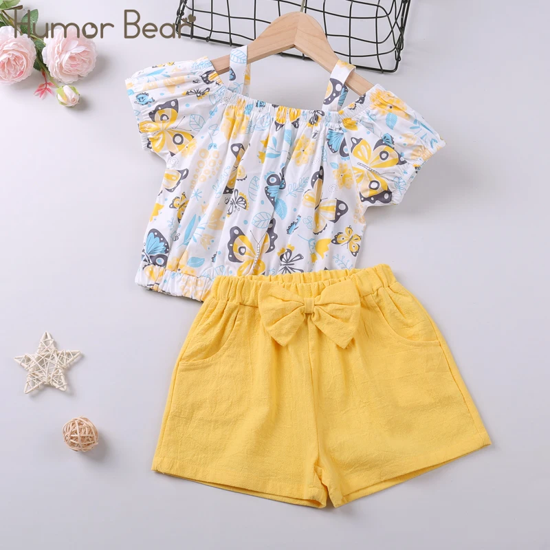 Humor Bear Girls Clothes Sets New Summer Short -Sleeve Cartoon Printed Top+ Bow Shorts 2Pcs Casual Toddler Kids Clothes