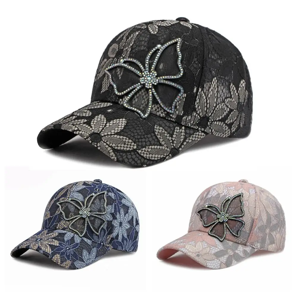 Rhinestone Lace Embroidery Hat Netting Bow Cap Flower Rhinestones Sun Protection Ventilate Cap with Butterfly Girl