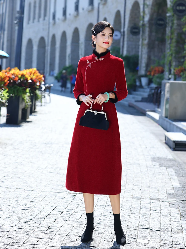 

Ele Long-Sve Fro Coat Thiened Fce Winter New Arrival for Mom High-End Improved Wedding Dr Chinese Sle Cheo...