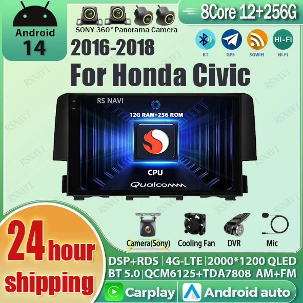 

Android 14 Carplay Auto Car Radio Multimedia Player For Honda Civic 10 FC FK 2015-2020 Audio Autoradio GPS Stereo 2din Head Unit