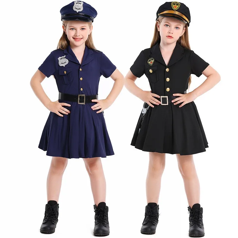 

Children's Girl Cosplay Professional Experience Outfit Dark Blue Black Female Police Officer Dress