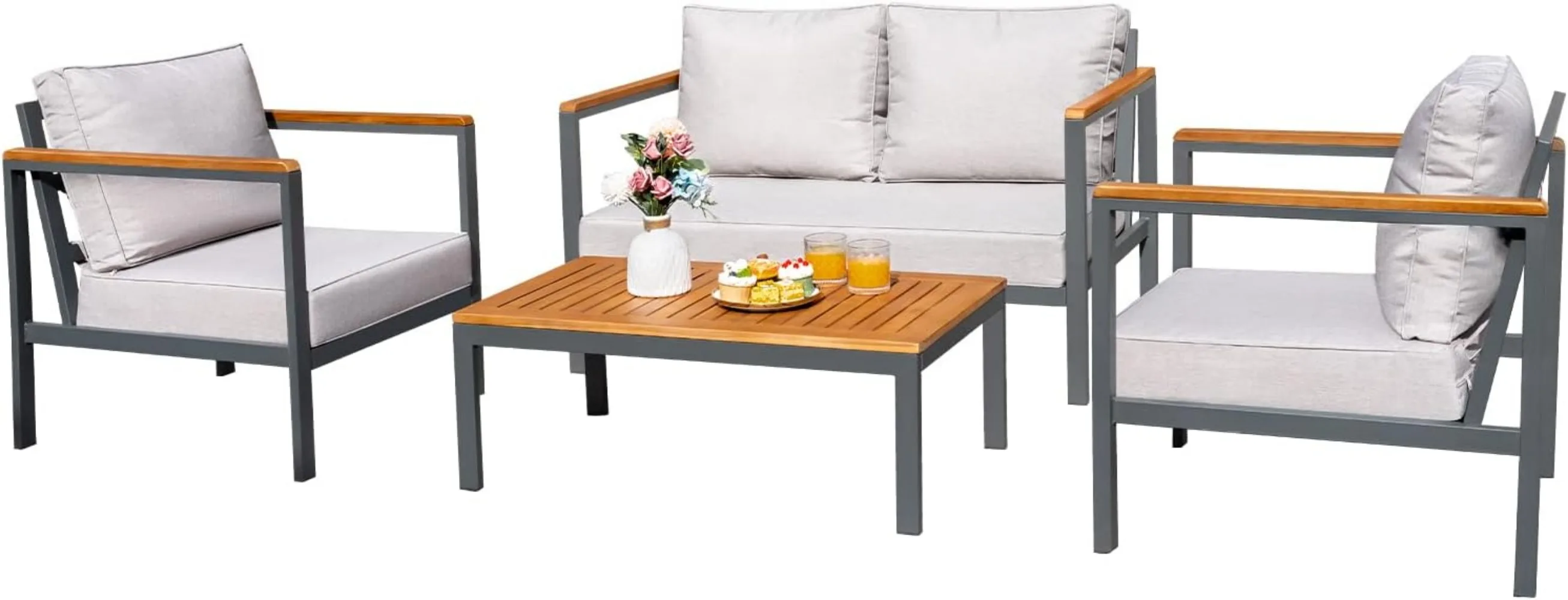 Greesum 4-delige Meubels Patio Lounge Conversatie Set Massief Houten Armleuning & Tafelblad Anti-Druppel Dik Waterdicht Kussen,