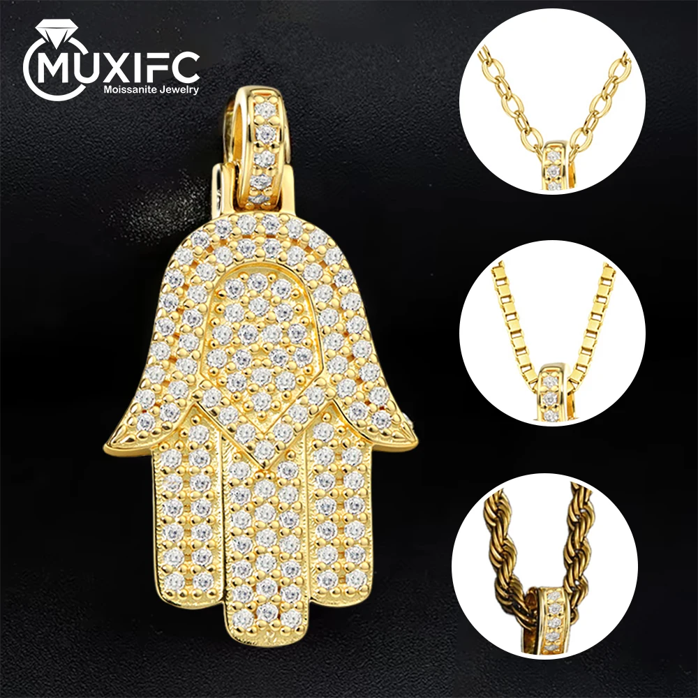

MUXIFC Full Moissanite Hamsa Hand Guardian Necklace for Men Women 925 Sterling Silver Hiphop 60cm Pendant Neck Chain Choker Gift
