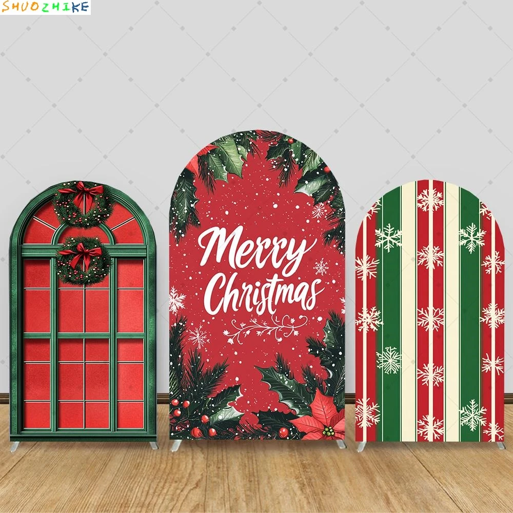 

Christmas Party Decoration Arch Backdrop Cover Green Red Window Xmas Party Arched Wall Background Doublesided Banner